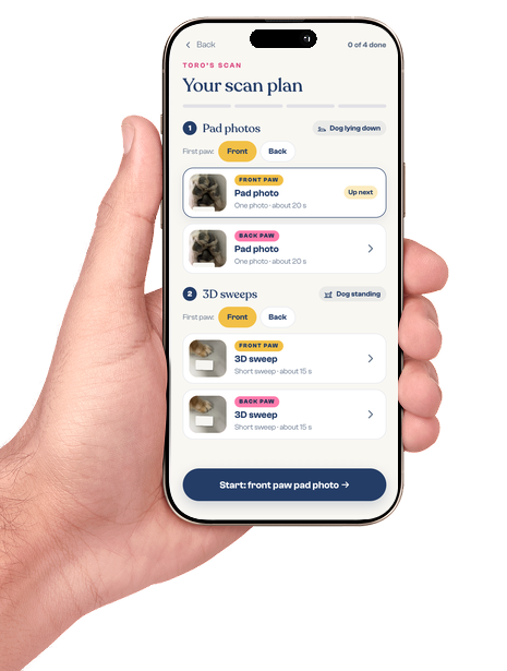 PawScan on a phone: the scan plan, with pad photos and 3D sweeps for the front and back paws